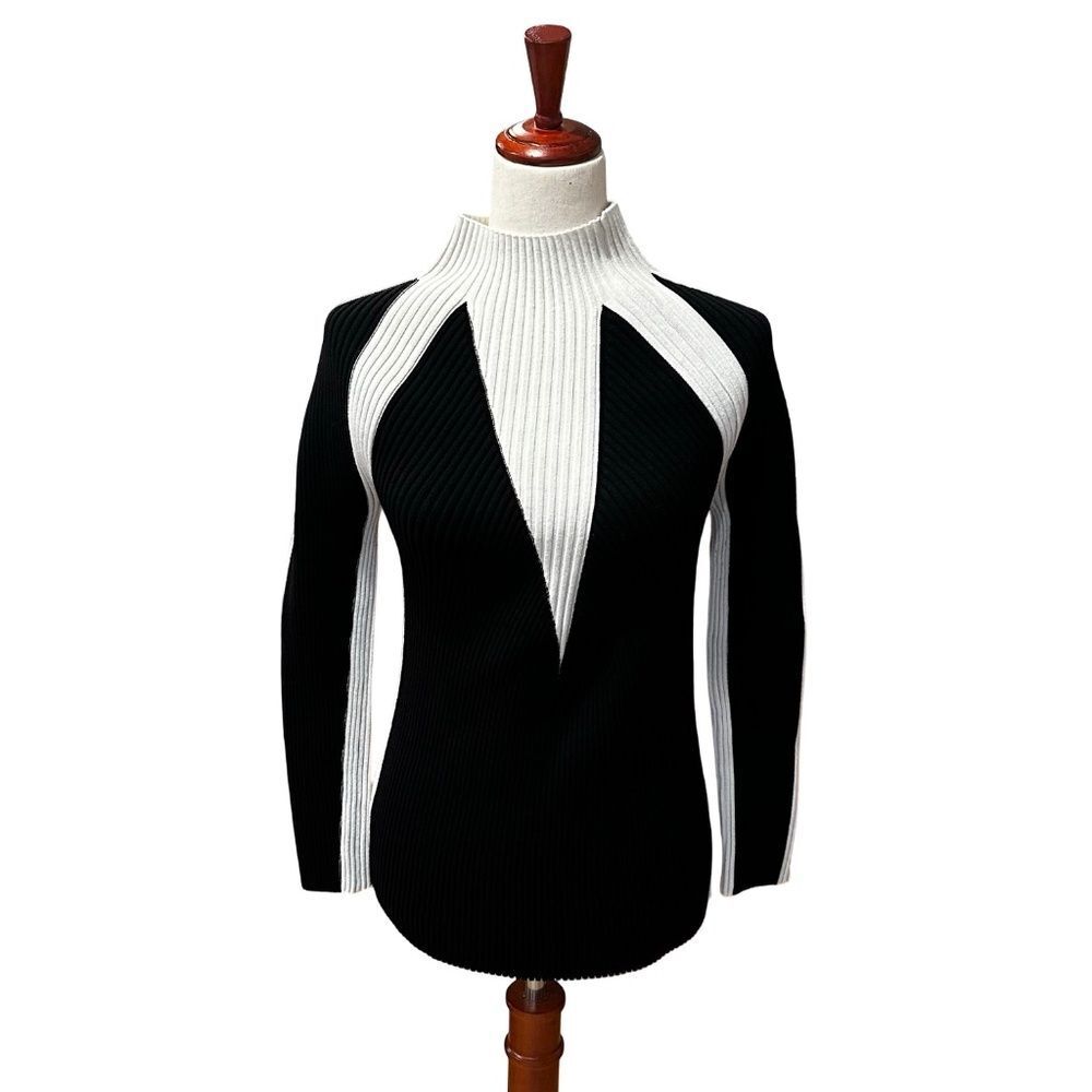 Mock Neck Color Block Ribbed Turtleneck Stretchy Black & Off White Large?